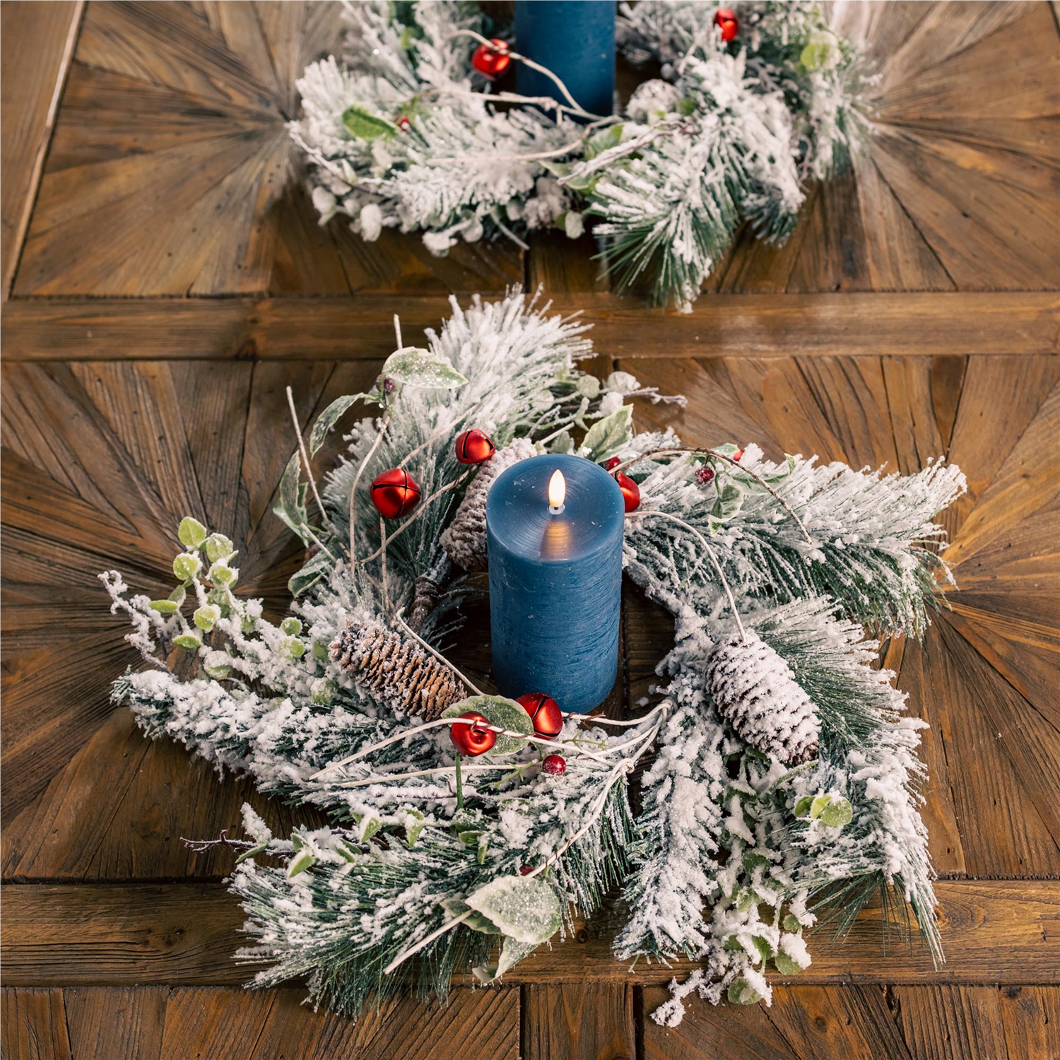 Flocked Pine/Bell Candle Ring 18"D PVC (Fits a 6" Candle)