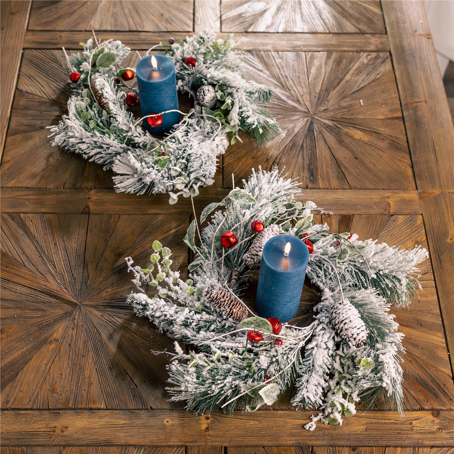 Flocked Pine/Bell Candle Ring 18"D PVC (Fits a 6" Candle)