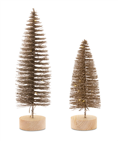 LED Lighted Bronze Bottle Brush Tree with Wood Base (Set of 4)