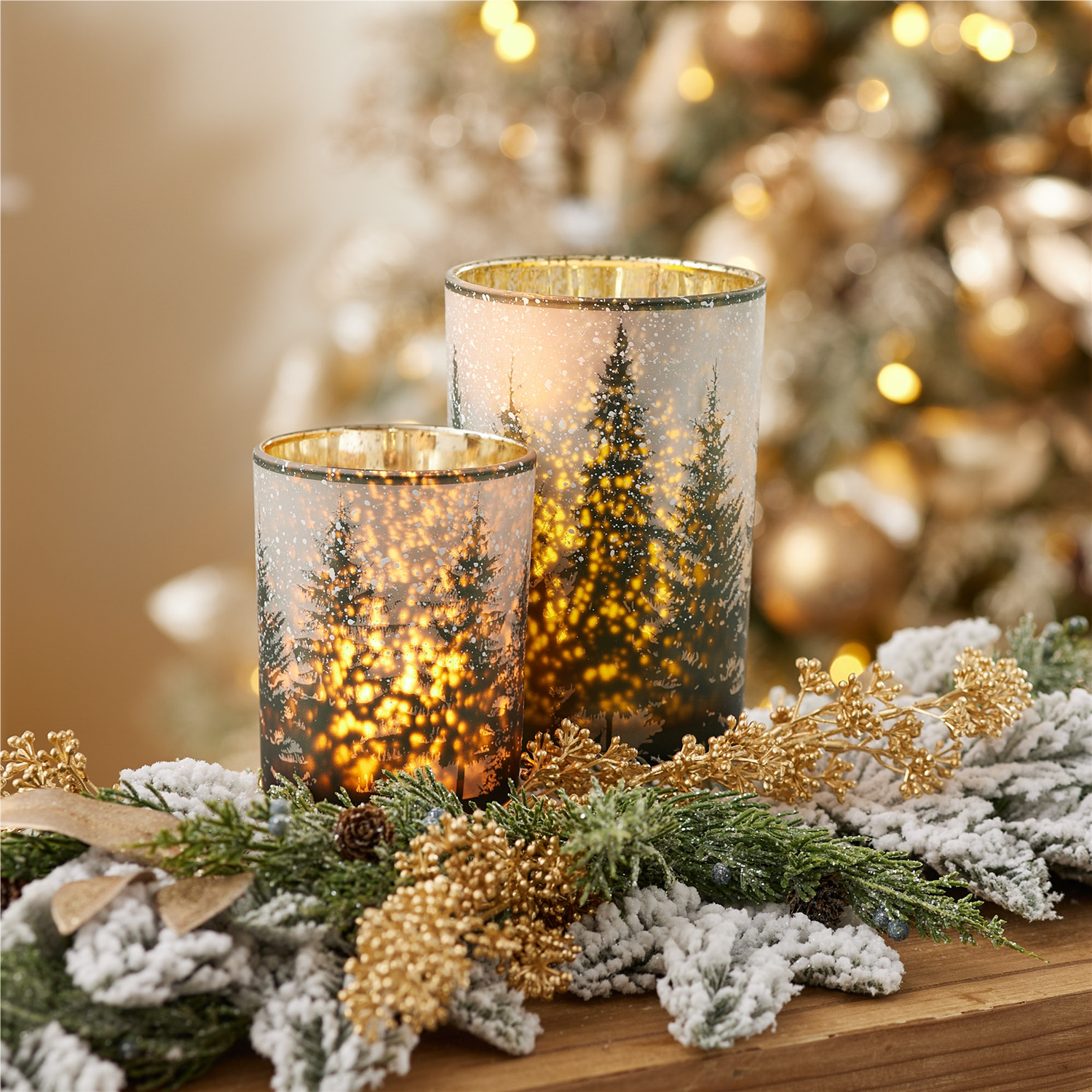 Frosted Pine Mercury Glass Candle Holder (Set of 2)