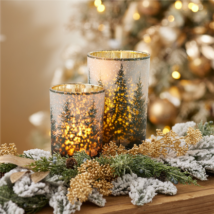 Frosted Pine Mercury Glass Candle Holder (Set of 2)