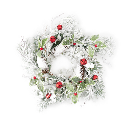 Flocked Pine/Bell Candle Ring 18"D PVC (Fits a 6" Candle)