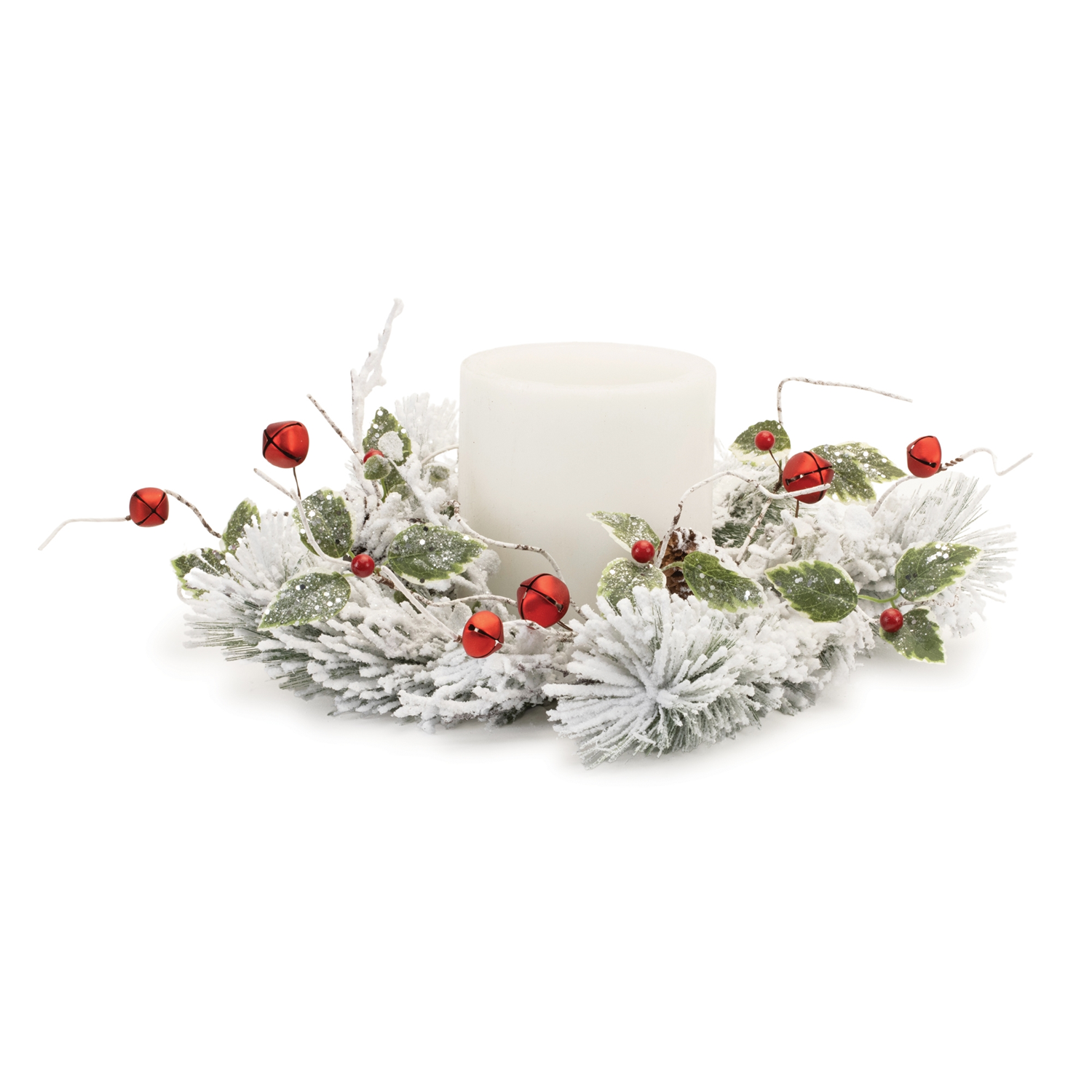 Flocked Pine/Bell Candle Ring 18"D PVC (Fits a 6" Candle)